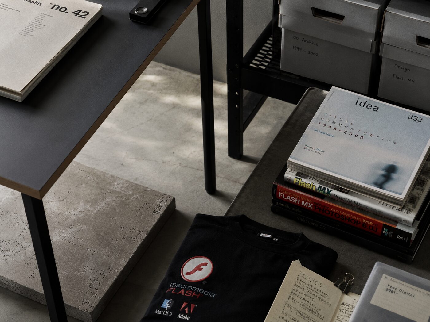 コンクリート調の床、Macromedia Flashの黒いTシャツ、ideaやFlash MXなどのデザイン本、アーカイブ箱、黒いスチールラック、Graphis誌を写したワークスペースの断片。
